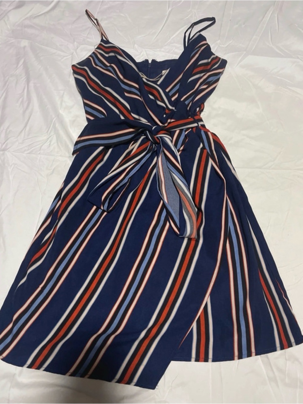 essue Navy Striped Mini Wrap Dress with Red and Pink Accents